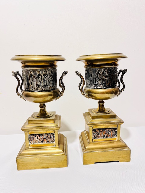 Pair of Antique Gilded Urns or Vases with Copper Panels of Grecian or Roman Scenes