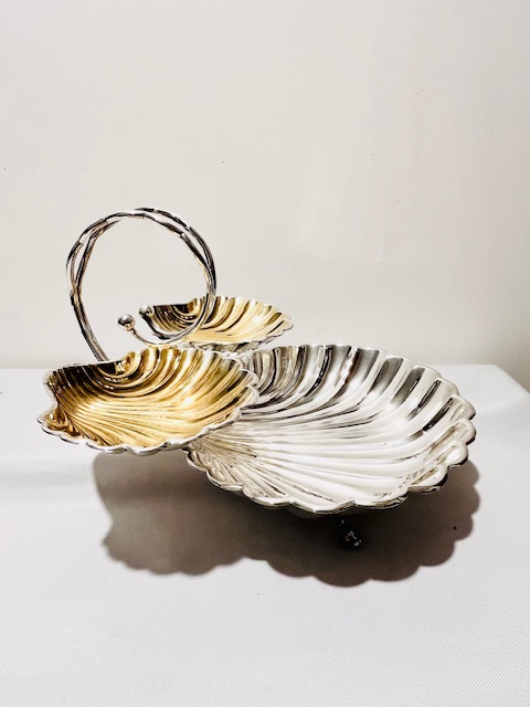 Antique Silver Plated Triple Shell Dish on Realistic Dolphin Feet