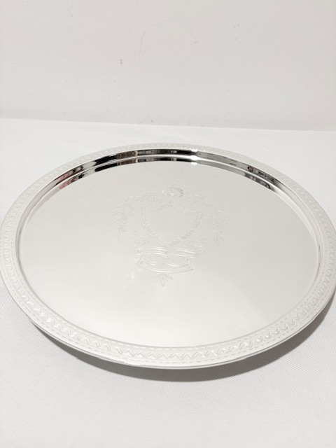 Antique Silver Plated Salver Geometrically Engraved Around the Edge