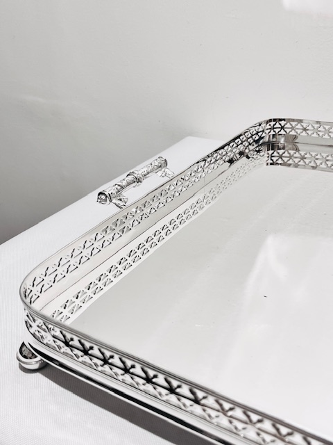 Antique Silver Plated Gallery Tray with Elaborate Side Handles