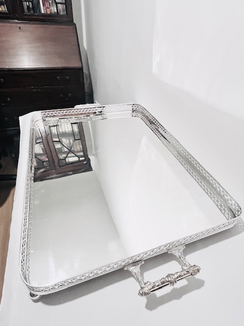Antique Silver Plated Gallery Tray with Elaborate Side Handles