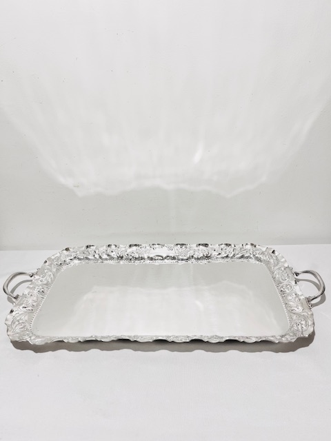 Handsome Rectangular Antique Silver Plated Tray with Reeded Handles