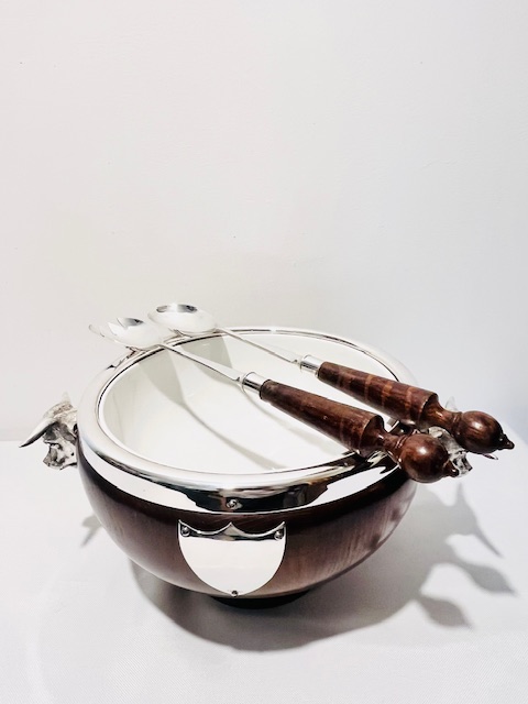Figural Mounted Oak and Silver Plated Salad Bowl