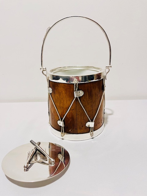 Novelty Antique Silver Plated and Oak Biscuit Box in the Form of a Musicians Drum
