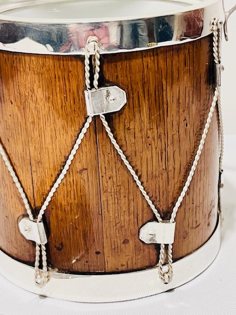 Novelty Antique Silver Plated and Oak Biscuit Box in the Form of a Musicians Drum