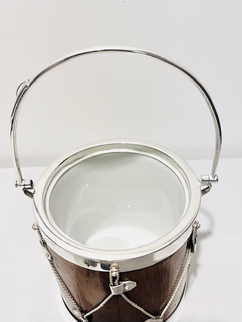 Novelty Antique Silver Plated and Oak Biscuit Box in the Form of a Musicians Drum