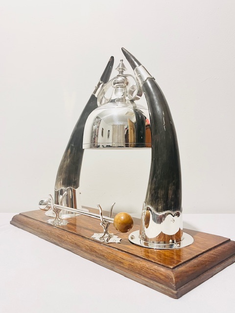 Victorian Antique Silver Plated Dinner Bell Gong on a Rectangular Oak Base