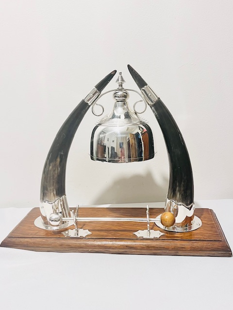 Victorian Antique Silver Plated Dinner Bell Gong on a Rectangular Oak Base