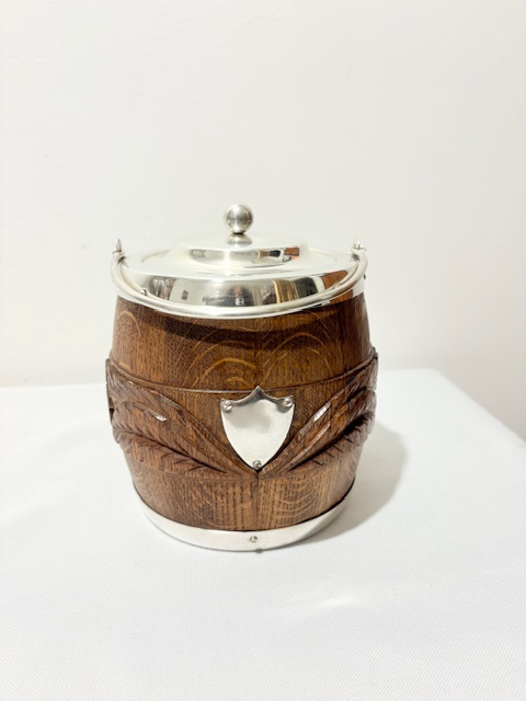 Vintage Silver Plated and Carved Oak Biscuit Box