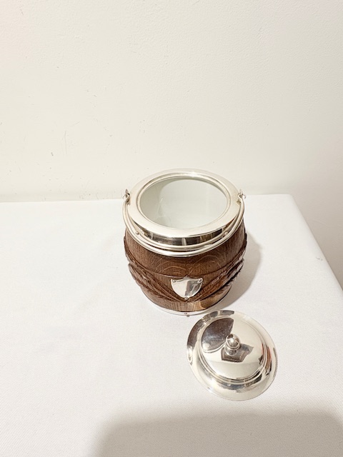 Vintage Silver Plated and Carved Oak Biscuit Box