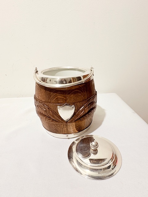 Vintage Silver Plated and Carved Oak Biscuit Box