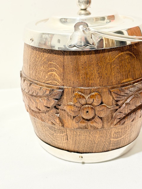Vintage Silver Plated and Carved Oak Biscuit Box