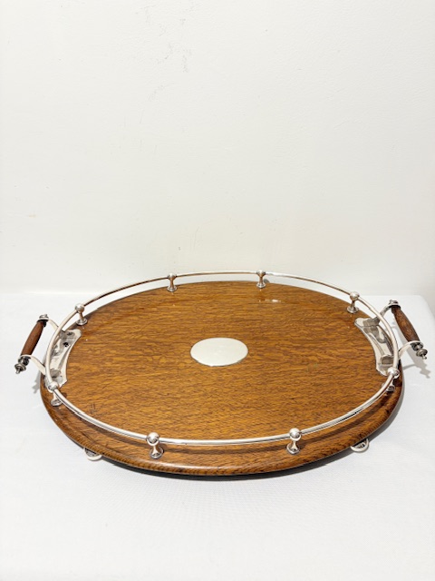 Smart Antique Silver Plated and Oak Tray with Central Vacant Shield