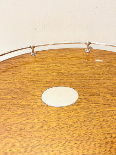 Smart Antique Silver Plated and Oak Tray with Central Vacant Shield