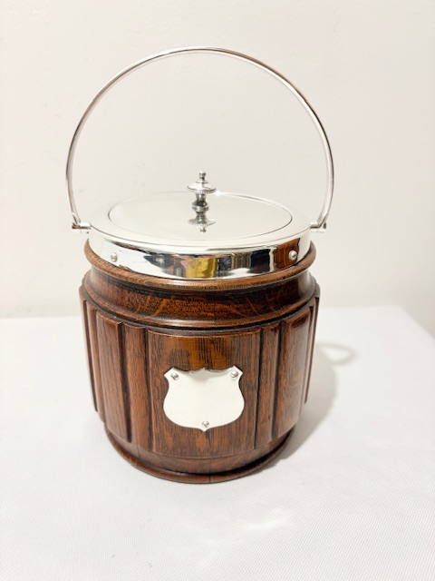 Vintage Silver Plated and Oak Biscuit Box with Swing Handle (c.1930)