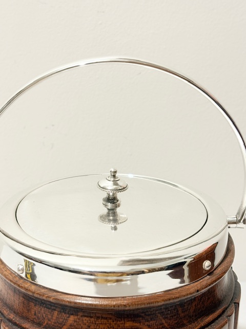 Vintage Silver Plated and Oak Biscuit Box with Swing Handle Vintage Silver Plated and Oak Biscuit Box with Swing Handle