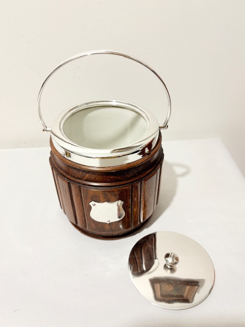 Vintage Silver Plated and Oak Biscuit Box with Swing Handle Vintage Silver Plated and Oak Biscuit Box with Swing Handle