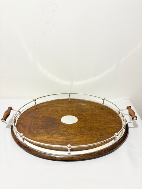 Antique Silver Plated and Oak Gallery Tray with Shaped Handles