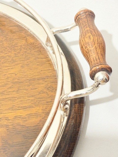 Antique Silver Plated and Oak Gallery Tray with Shaped Handles