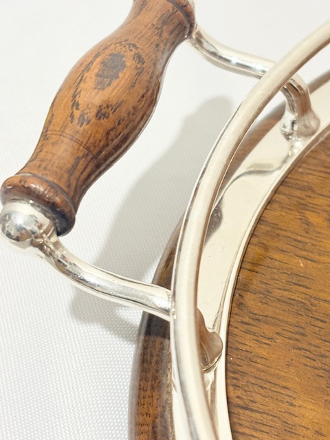 Antique Silver Plated and Oak Gallery Tray with Shaped Handles