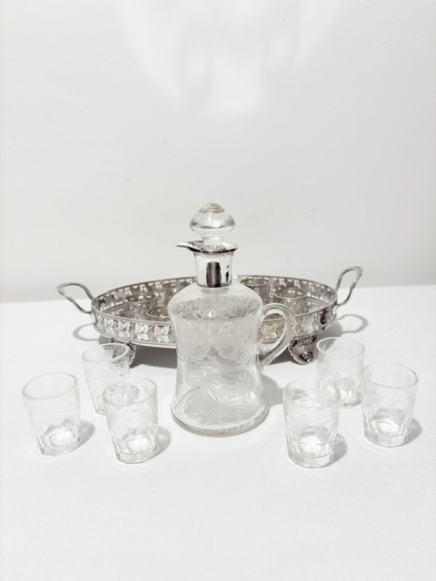 Charming Antique Silver Plate and Glass Liqueur Set Charming Antique Silver Plate and Glass Liqueur Set