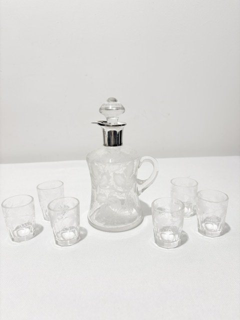 Charming Antique Silver Plate and Glass Liqueur Set Charming Antique Silver Plate and Glass Liqueur Set