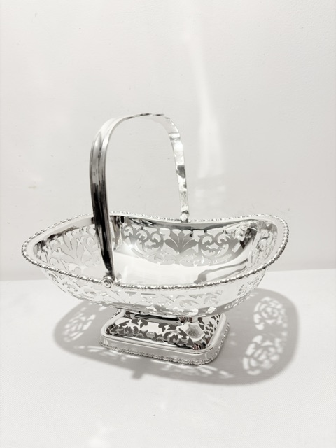 Antique Silver Plated Basket with Rectangular Pierced Body and Base