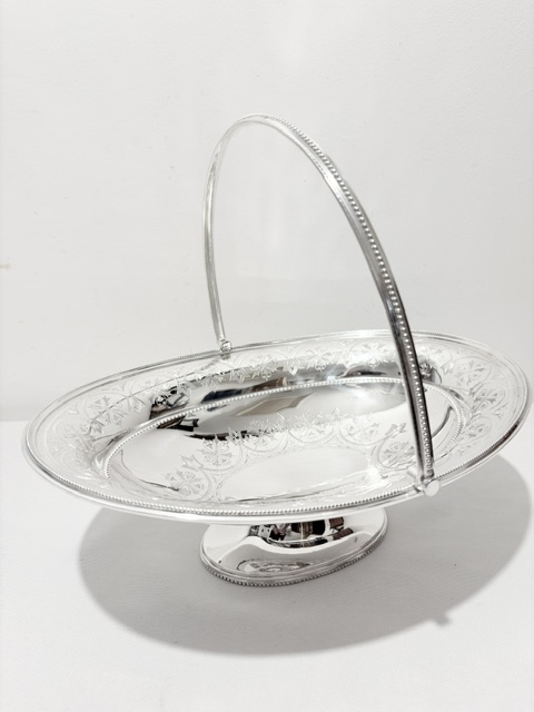 Antique Silver Plated Oval Bread Fruit Basket with Swing Handle