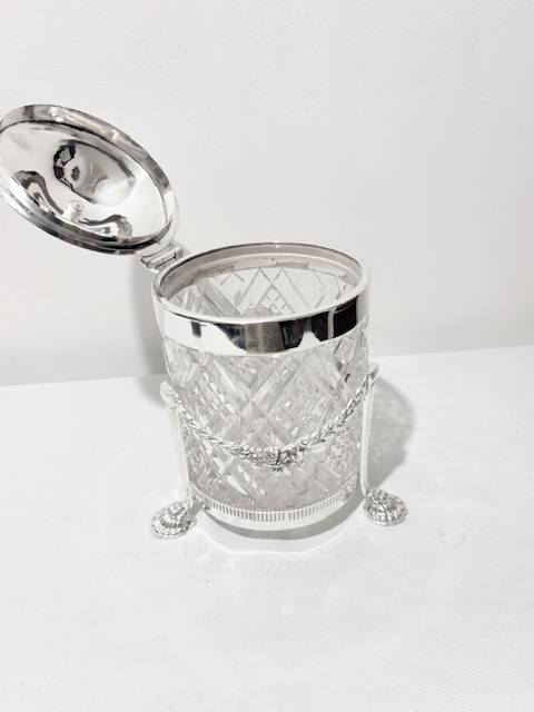 Antique Silver Plated Biscuit Box with Diamond Cut Glass Liner Antique Silver Plated Biscuit Box with Diamond Cut Glass Liner