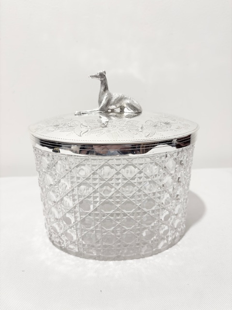 Antique Silver Plated and Cut Glass Biscuit Box with Greyhound Finial
