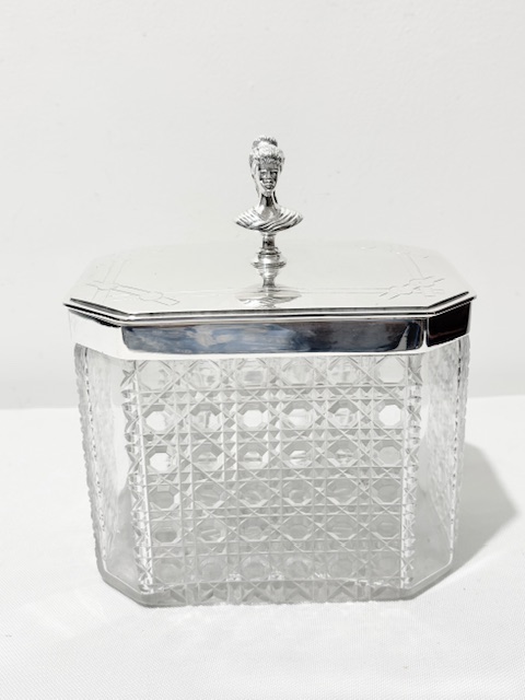 Antique Silver Plated and Cut Glass Biscuit Box with Bust of a Lady Finial