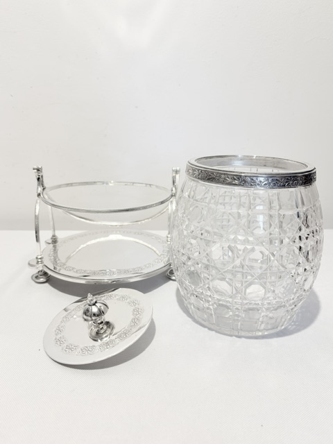 Antique Wirework Framed Silver Plated and Cut Glass Biscuit Box