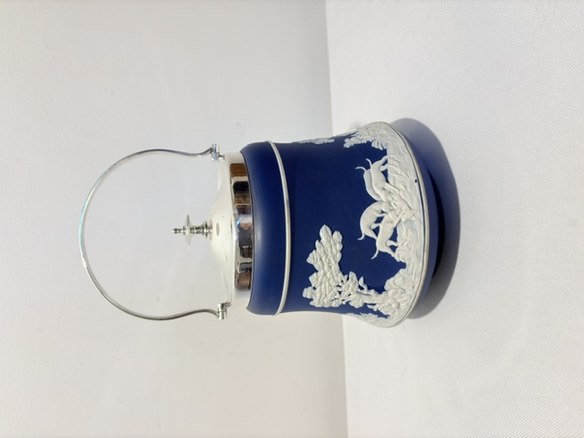 Antique Jasper Ware Biscuit Box with Silver Plated Mount