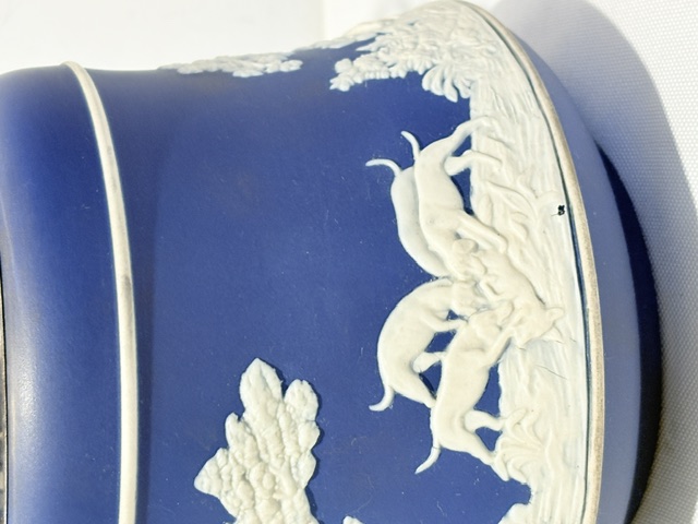 Antique Jasper Ware Biscuit Box with Silver Plated Mount