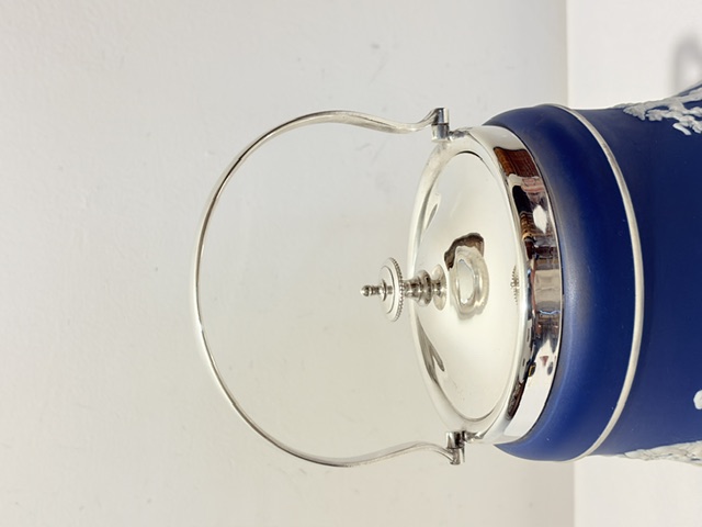 Antique Jasper Ware Biscuit Box with Silver Plated Mount