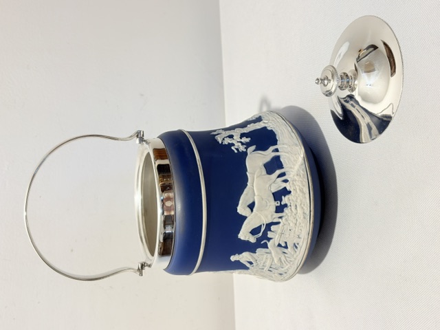 Antique Jasper Ware Biscuit Box with Silver Plated Mount