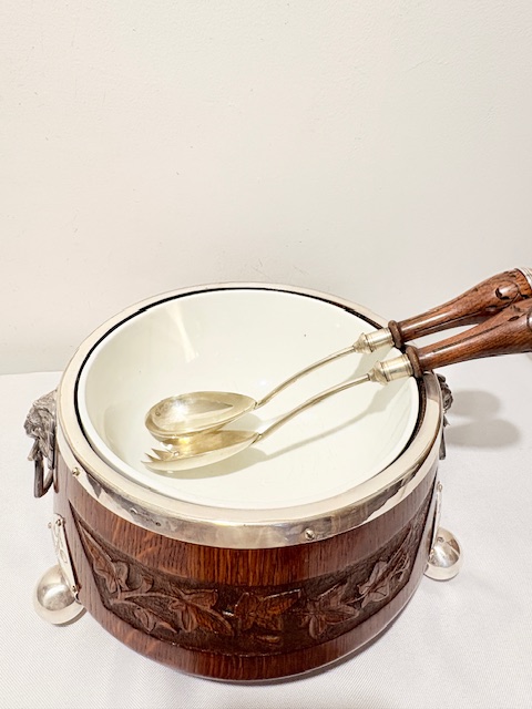 Antique Silver Plated and Oak Salad Bowl