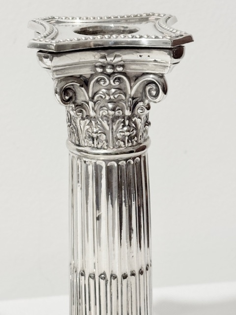Traditional Pair of Antique Silver Plated Corinthian Column Candlesticks