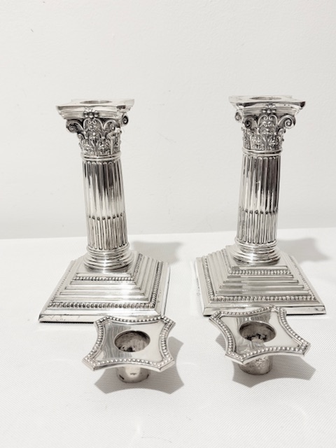Traditional Pair of Antique Silver Plated Corinthian Column Candlesticks