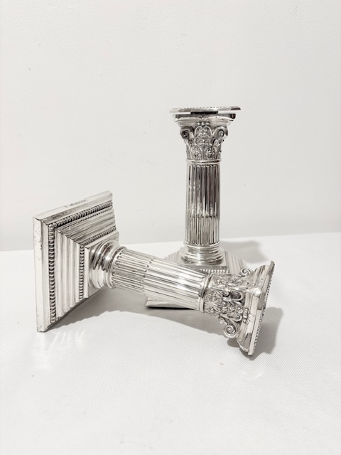 Traditional Pair of Antique Silver Plated Corinthian Column Candlesticks