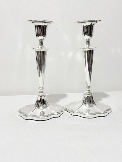 Antique Pair of Silver Plated Candlesticks with Flared Shaped Bases