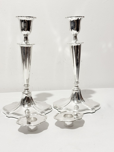 Antique Pair of Silver Plated Candlesticks with Flared Shaped Bases
