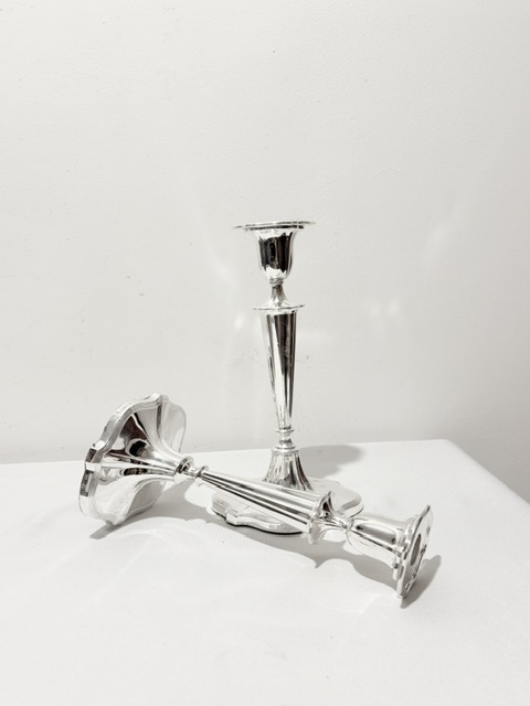 Antique Pair of Silver Plated Candlesticks with Flared Shaped Bases