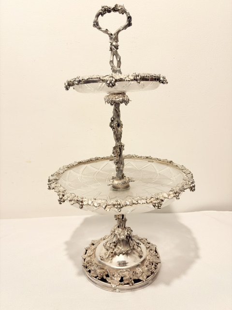 Antique Silver Plated Table Centrepiece with Frosted and Cut Glass Dishes