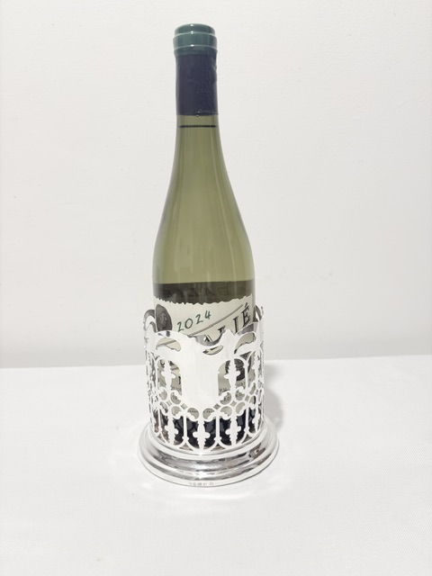 Antique Silver Plated Wine Bottle Coaster with Turned Wooden Base