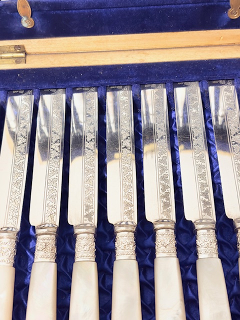 12 Place Antique Silver Plated and Mother of Pearl Fruit or Dessert Cutlery