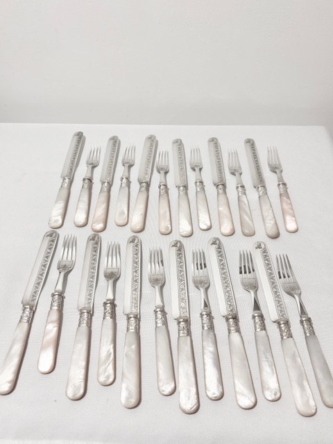 12 Place Antique Silver Plated and Mother of Pearl Fruit or Dessert Cutlery
