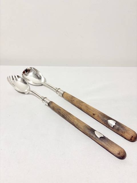Pair of Antique Silver Plated Salad Servers with Oak Handles