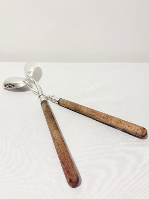 Pair of Antique Silver Plated Salad Servers with Oak Handles