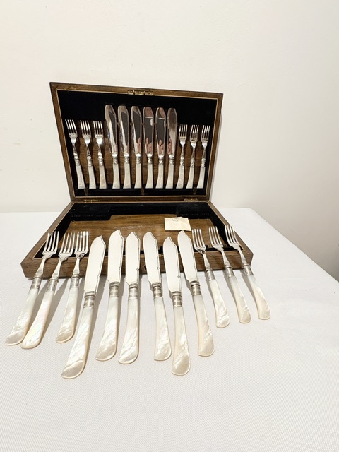 12 Place Setting of Silver Plated and Mother of Pearl Fish Set